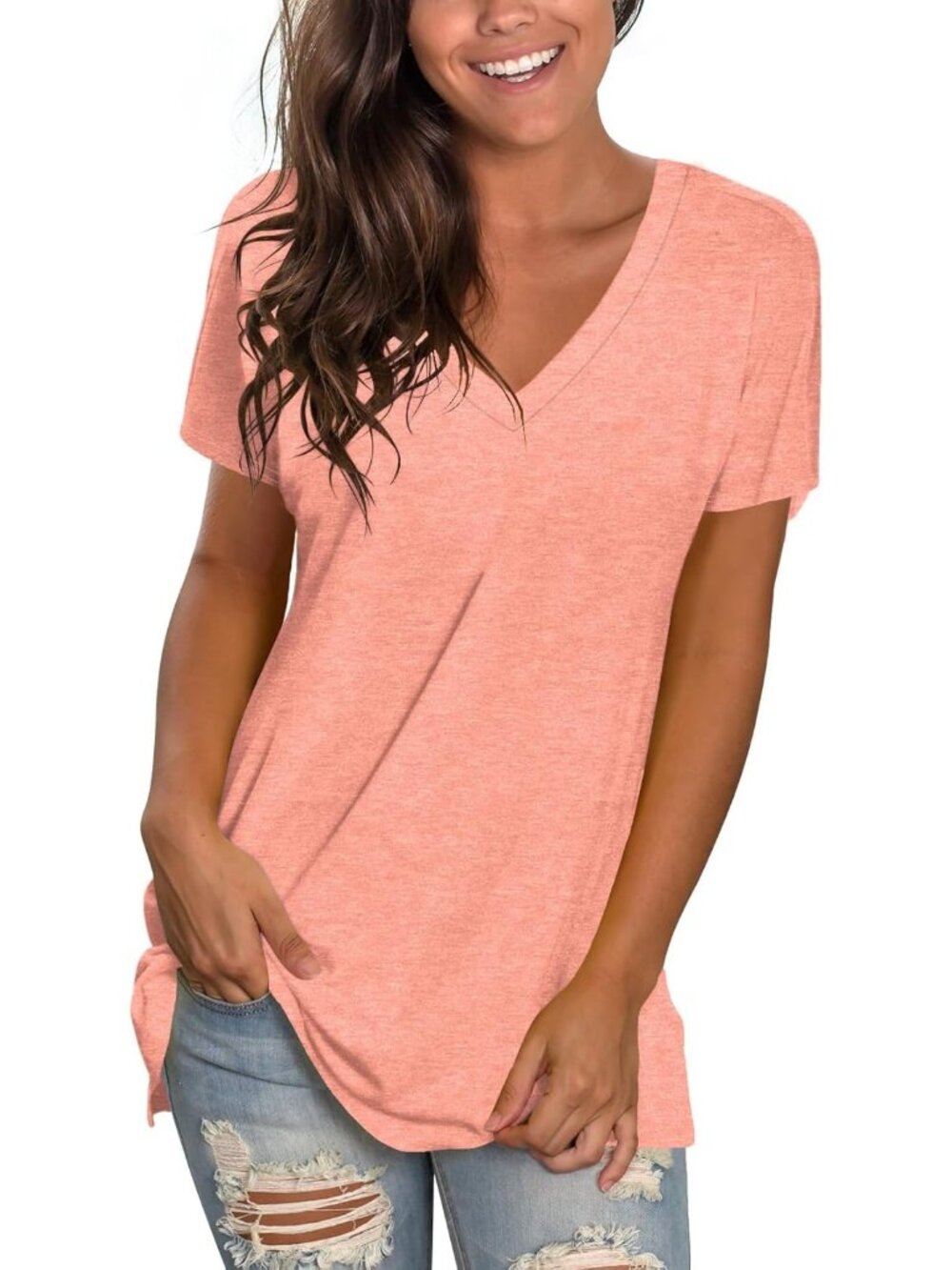 〽️Women Coral Basic V Neck Tee Loose Fitting Casual Short Sleeve Tops T Shirt